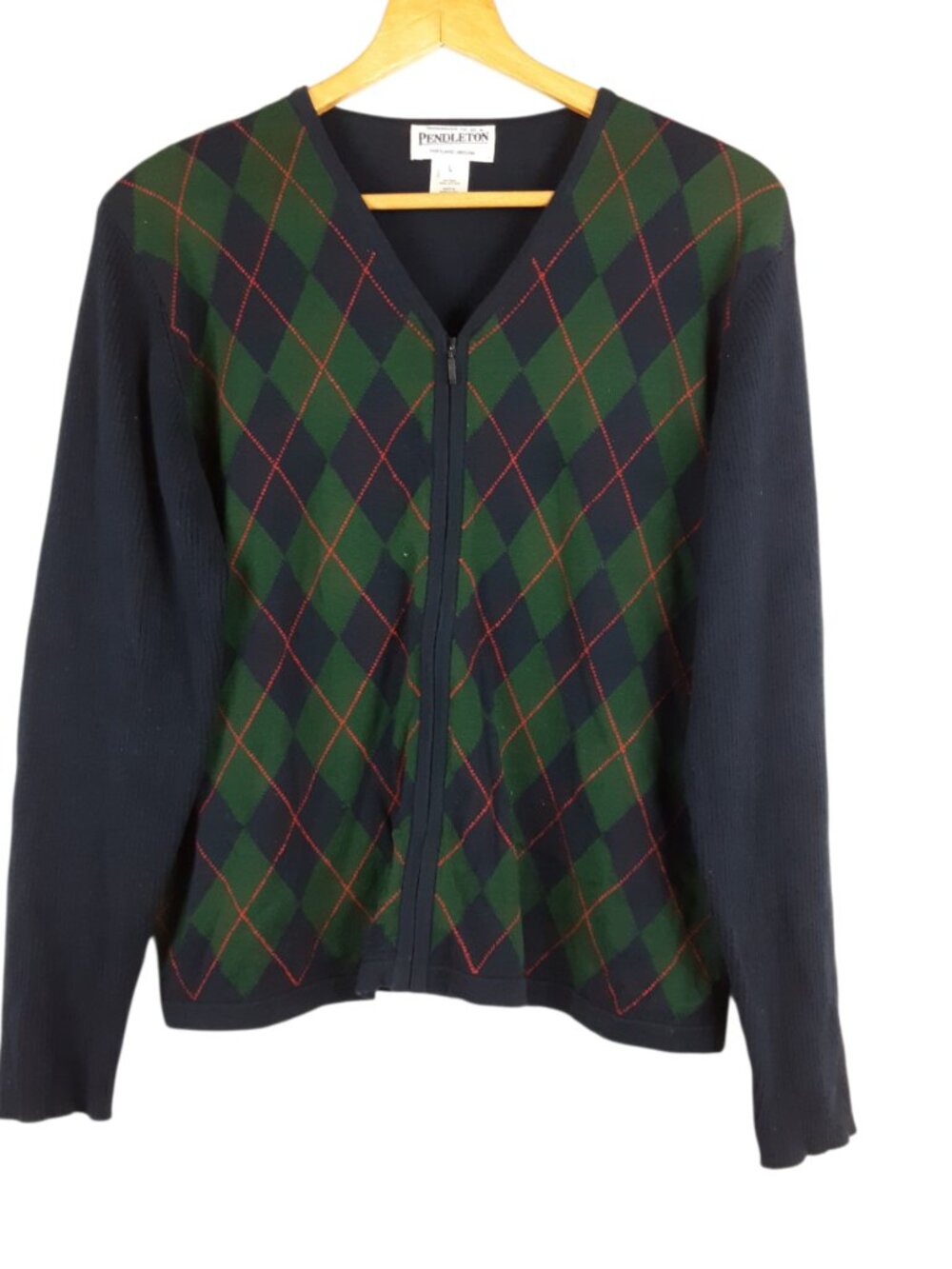 Pendleton Green & Navy Blue Argyle 100% Cotton Cardigan Long Sleeve Size Large